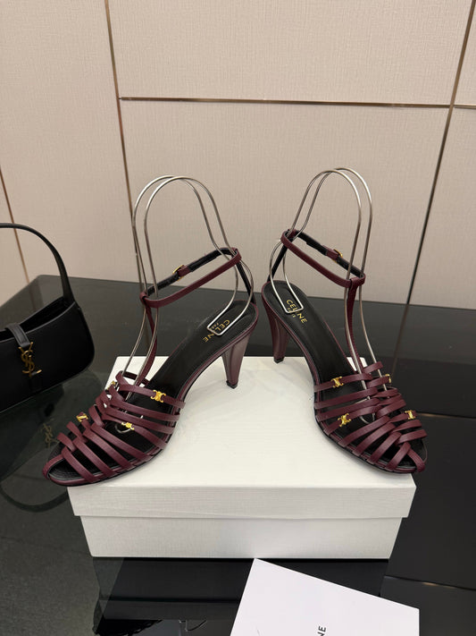 Celine Cage Heeled Sandal 9cm Burgundy Calfskin 725648