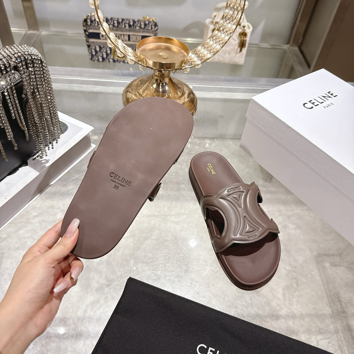 Celine 26s Triomphe Slide Chocolate Sheepskin 679832