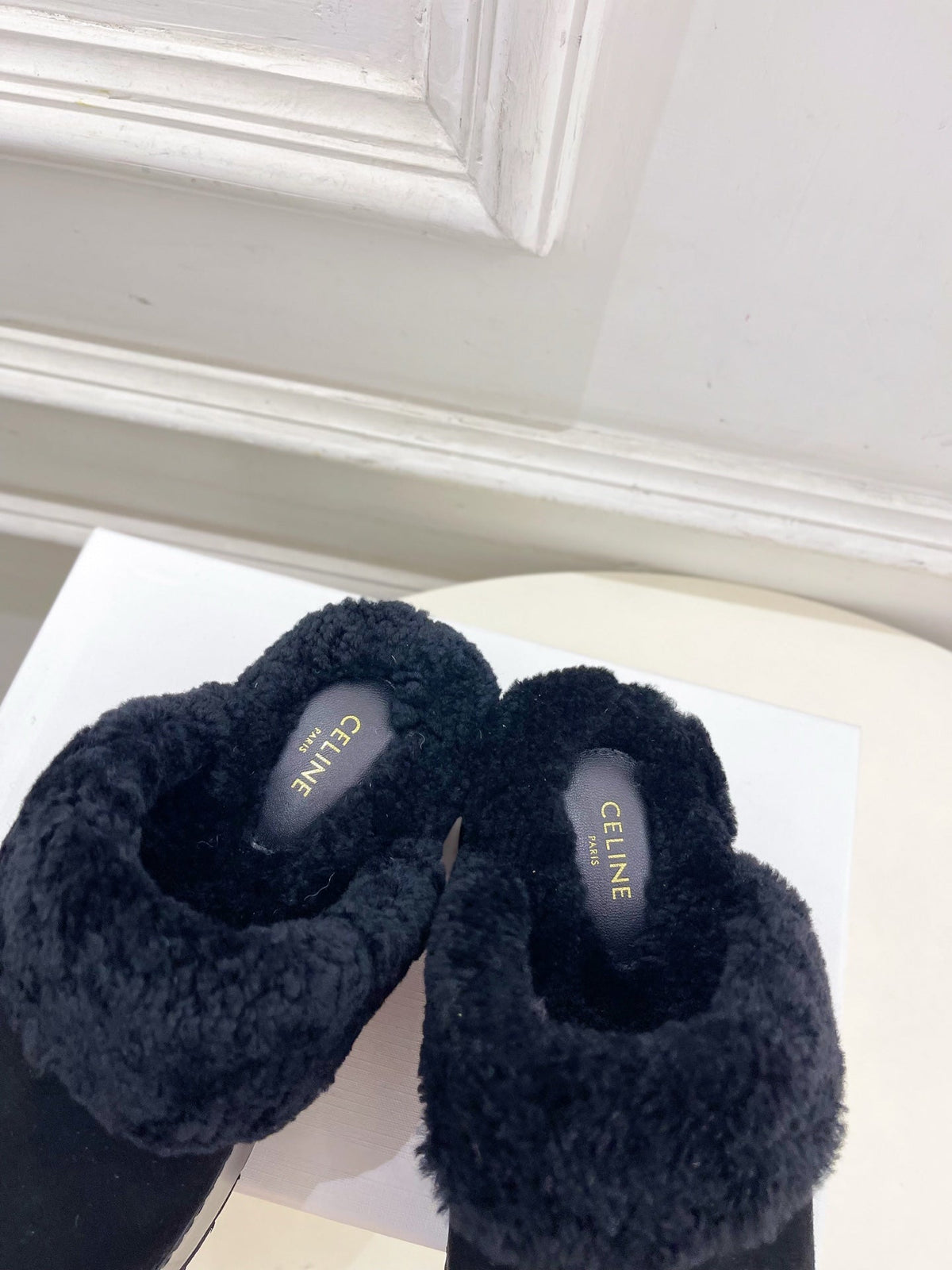 CL 25s Dana Wedge Mule 80mm Black Suede Calfskin & Shearling