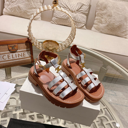 CL Clea Triomphe Gladiator Sandal 40mm Silver Metallic Mix Tan Calfskin 600367