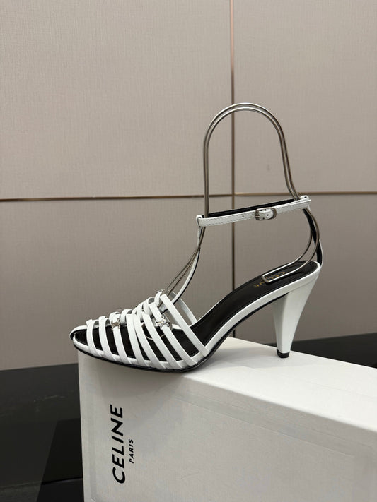 Celine Cage Heeled Sandal 9cm White Calfskin 725648