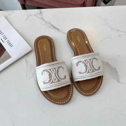 Celine 25C Slippers White Fabric with Calfskin 238157