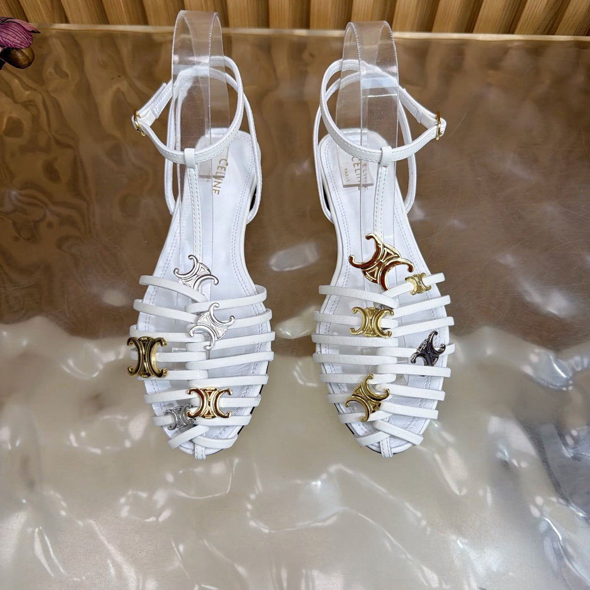 Celine 26s Cage Flat Sandals White Lambskin 898120