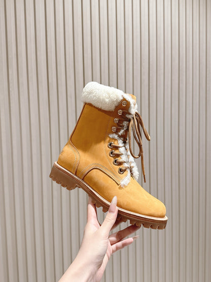 CELINE Kurt Lace-Up Mid Boot Light Brown Nubuck Calfskin And Shearling 452786