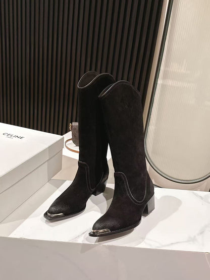 CELINE 25 Mid Calf Cowboy Boots Black Suede 434426