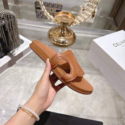 Celine 26s Triomphe Slide Tan Brown Sheepskin 679830