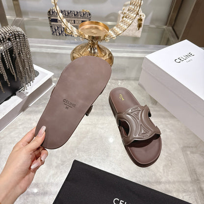 Celine 26s Triomphe Slide Chocolate Sheepskin 679832